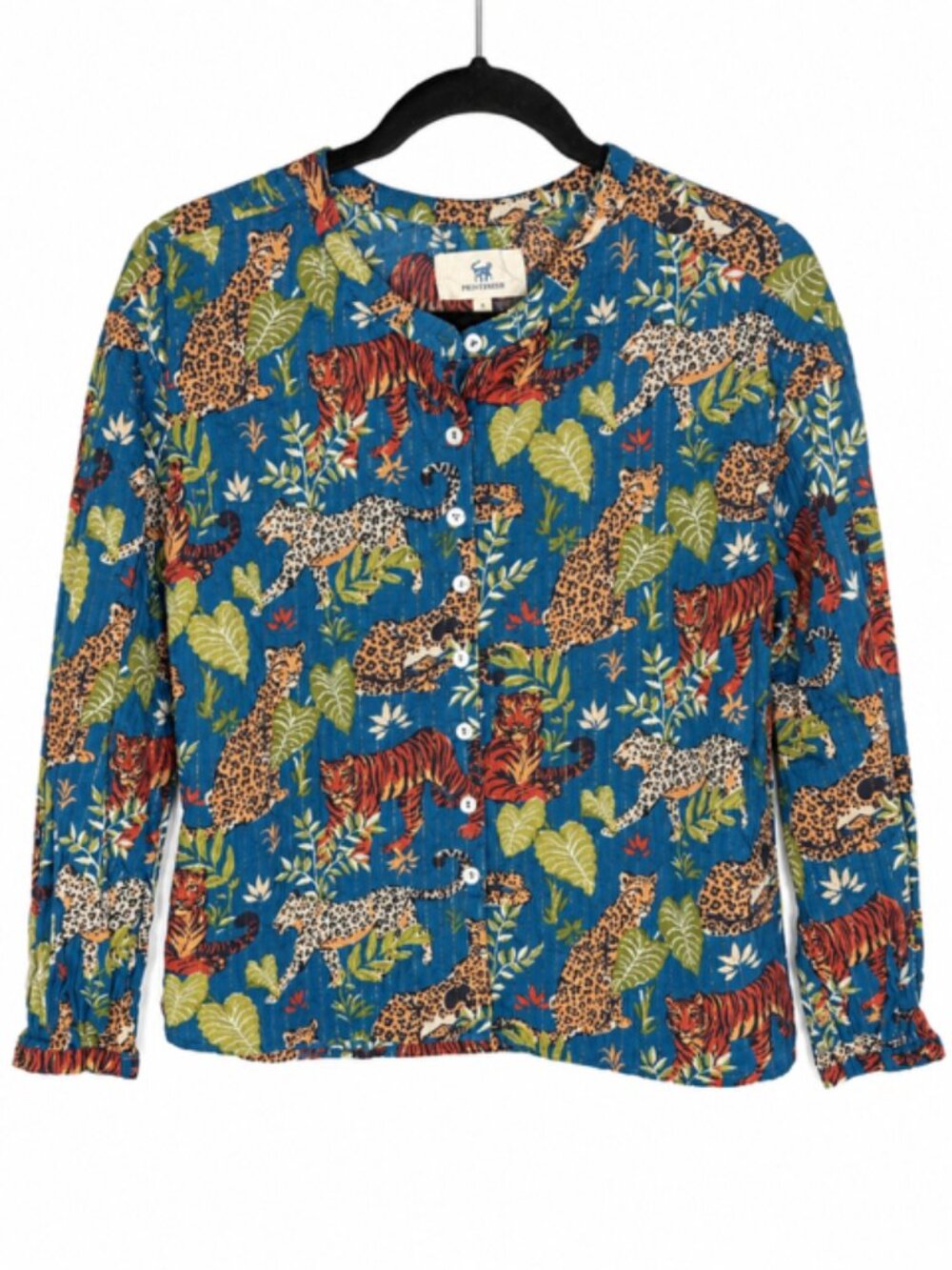 Printfresh Tiger Leopard Jungle Print Shirt Blue Gold Metallic Size Small - Picture 7 of 7